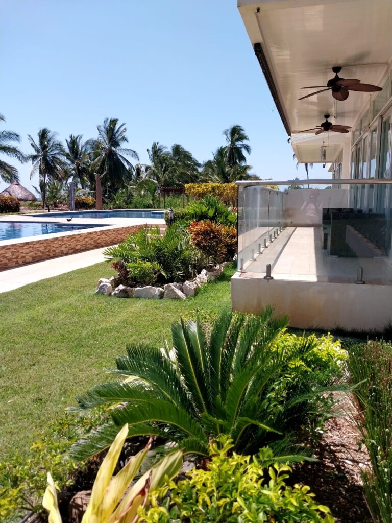 Paisajismo en condominio frente al mar con cycas, crotos y grama junto a la piscina